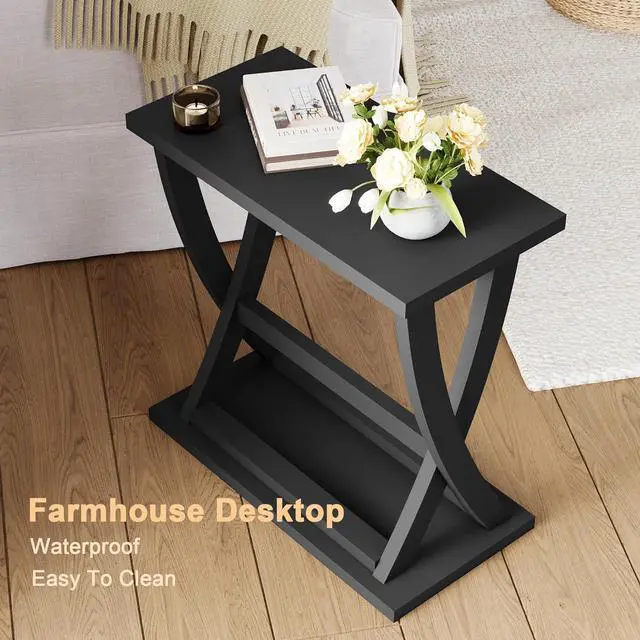 Alt view image 3 of 7 - ChooChoo Black End Table, Narrow Side Table with Storage Shelf, Modern X-Design Slim End Table for Living Room,Bedroom, Small Space, 11.8" D*23.6" W*23.4" D.