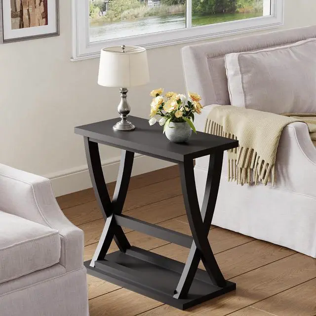 Alt view image 4 of 7 - ChooChoo Black End Table, Narrow Side Table with Storage Shelf, Modern X-Design Slim End Table for Living Room,Bedroom, Small Space, 11.8" D*23.6" W*23.4" D.