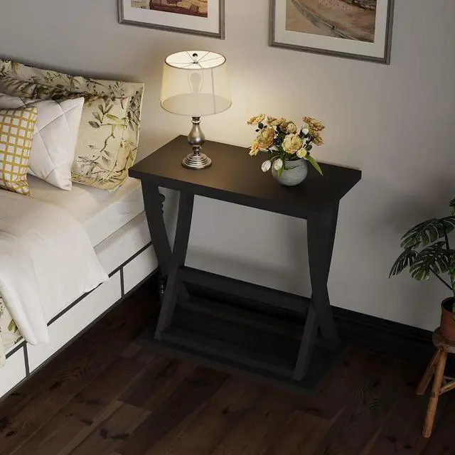 Alt view image 6 of 7 - ChooChoo Black End Table, Narrow Side Table with Storage Shelf, Modern X-Design Slim End Table for Living Room,Bedroom, Small Space, 11.8" D*23.6" W*23.4" D.