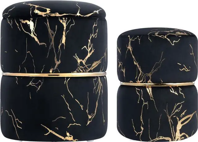 Main image of Furniliving 16" Vlvet Round Ottoman with Storage Set of 2, Modern Footrest Upholstered Footstool Bronzed Fabrics Vanity Stool for Living Room, Bedroom, Dining Room Entrance Coffee Table (Black)