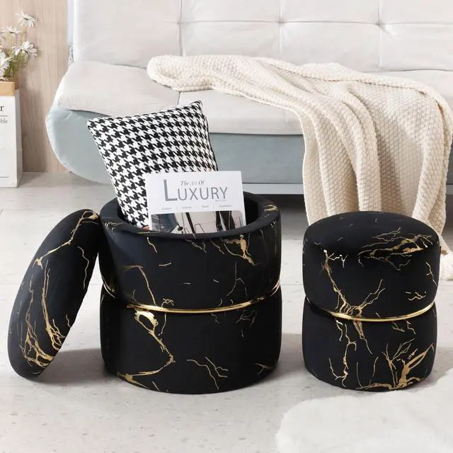 Alt view image 2 of 5 - Furniliving 16" Vlvet Round Ottoman with Storage Set of 2, Modern Footrest Upholstered Footstool Bronzed Fabrics Vanity Stool for Living Room, Bedroom, Dining Room Entrance Coffee Table (Black)