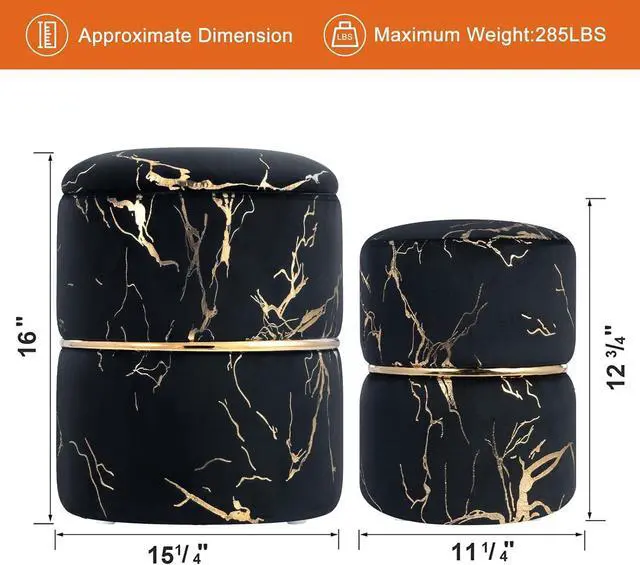 Alt view image 3 of 5 - Furniliving 16" Vlvet Round Ottoman with Storage Set of 2, Modern Footrest Upholstered Footstool Bronzed Fabrics Vanity Stool for Living Room, Bedroom, Dining Room Entrance Coffee Table (Black)