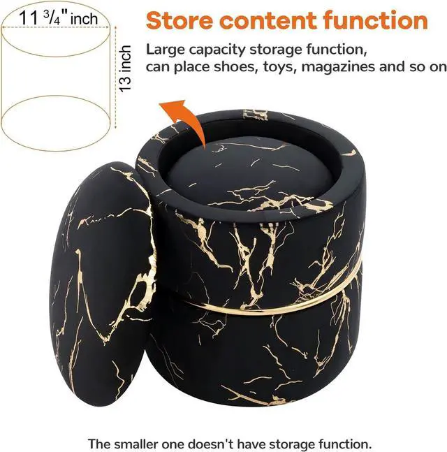 Alt view image 4 of 5 - Furniliving 16" Vlvet Round Ottoman with Storage Set of 2, Modern Footrest Upholstered Footstool Bronzed Fabrics Vanity Stool for Living Room, Bedroom, Dining Room Entrance Coffee Table (Black)