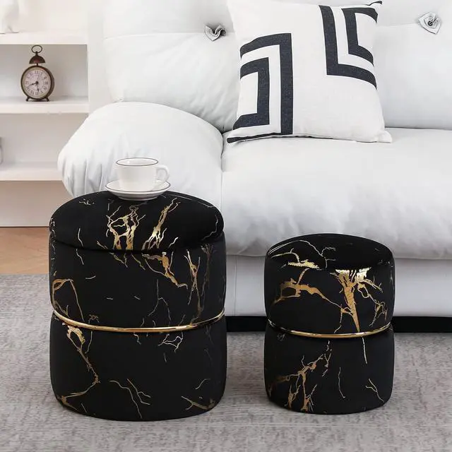 Alt view image 5 of 5 - Furniliving 16" Vlvet Round Ottoman with Storage Set of 2, Modern Footrest Upholstered Footstool Bronzed Fabrics Vanity Stool for Living Room, Bedroom, Dining Room Entrance Coffee Table (Black)