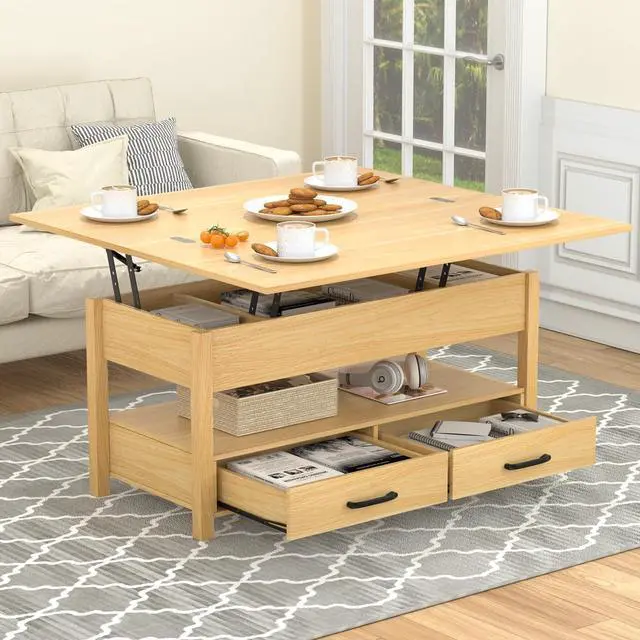 Main image of Lift Top Coffee Table, 3-in-1 Multifunctional Coffee Table with Drawers and Hidden Compartments, Coffee Table Converts to Dining Table, for Living Room, Dining Reception Room, Wood