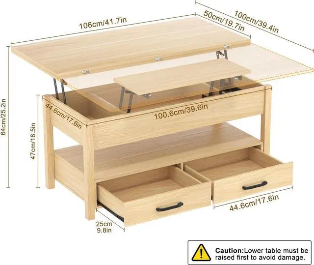 Alt view image 2 of 7 - Lift Top Coffee Table, 3-in-1 Multifunctional Coffee Table with Drawers and Hidden Compartments, Coffee Table Converts to Dining Table, for Living Room, Dining Reception Room, Wood