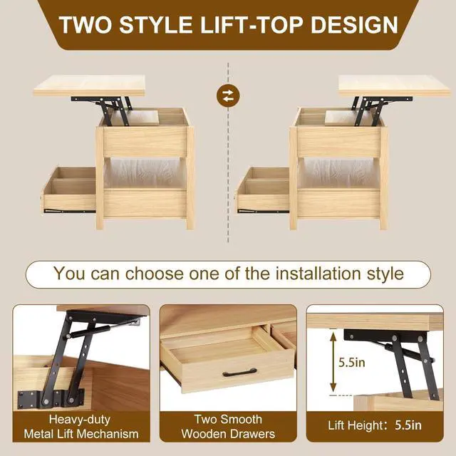Alt view image 3 of 7 - Lift Top Coffee Table, 3-in-1 Multifunctional Coffee Table with Drawers and Hidden Compartments, Coffee Table Converts to Dining Table, for Living Room, Dining Reception Room, Wood