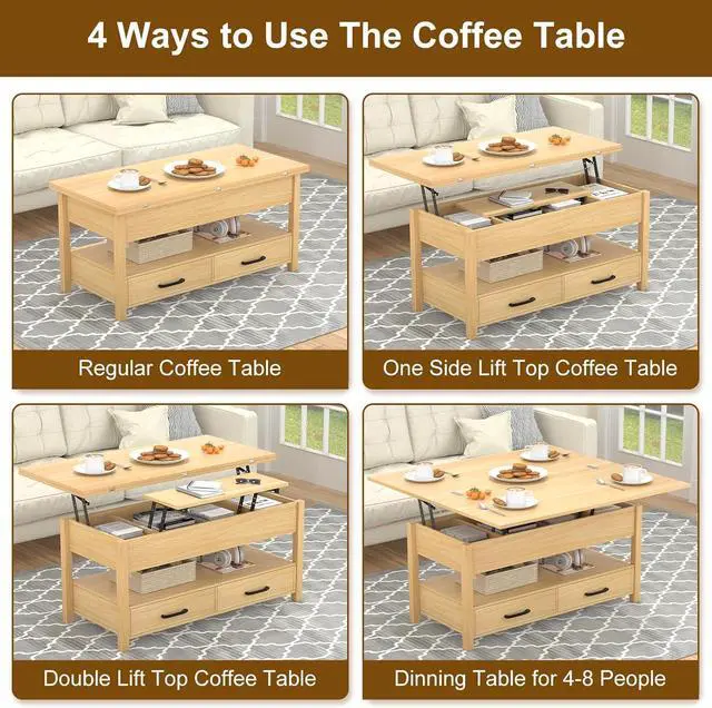 Alt view image 4 of 7 - Lift Top Coffee Table, 3-in-1 Multifunctional Coffee Table with Drawers and Hidden Compartments, Coffee Table Converts to Dining Table, for Living Room, Dining Reception Room, Wood