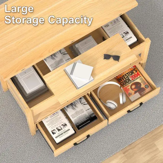 Alt view image 5 of 7 - Lift Top Coffee Table, 3-in-1 Multifunctional Coffee Table with Drawers and Hidden Compartments, Coffee Table Converts to Dining Table, for Living Room, Dining Reception Room, Wood