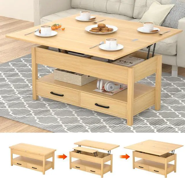 Alt view image 7 of 7 - Lift Top Coffee Table, 3-in-1 Multifunctional Coffee Table with Drawers and Hidden Compartments, Coffee Table Converts to Dining Table, for Living Room, Dining Reception Room, Wood