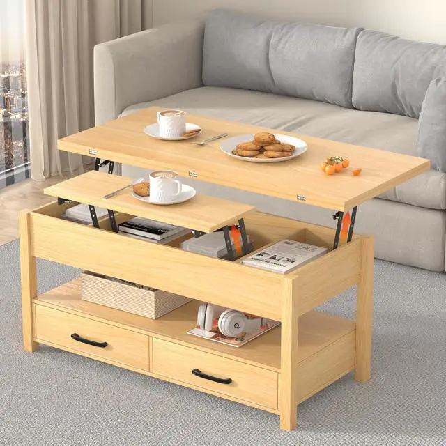 Alt view image 6 of 7 - Lift Top Coffee Table, 3-in-1 Multifunctional Coffee Table with Drawers and Hidden Compartments, Coffee Table Converts to Dining Table, for Living Room, Dining Reception Room, Wood