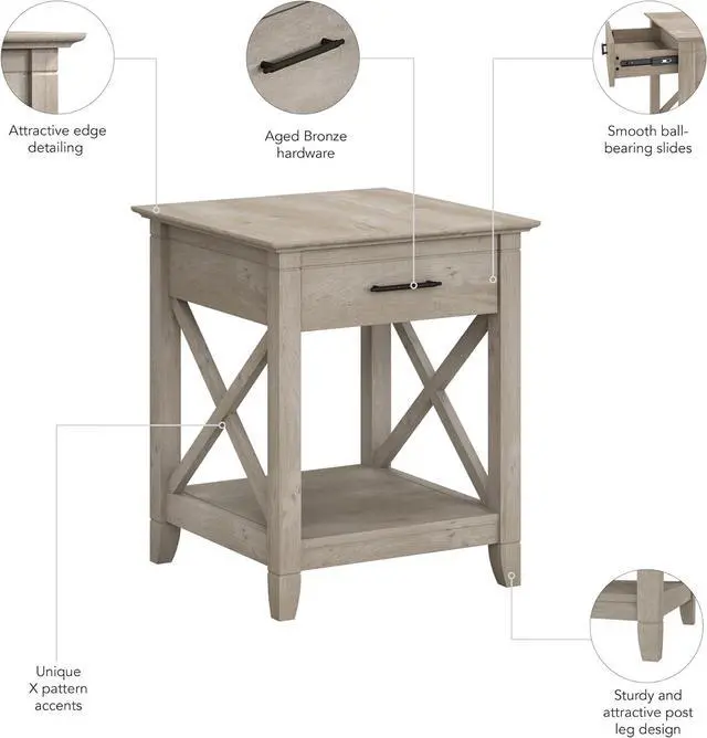 Alt view image 5 of 7 - Bush Home End Table with Drawer, Nightstand with Storage, Living Room and Bedroom Furniture, Key West Collection, Washed Gray