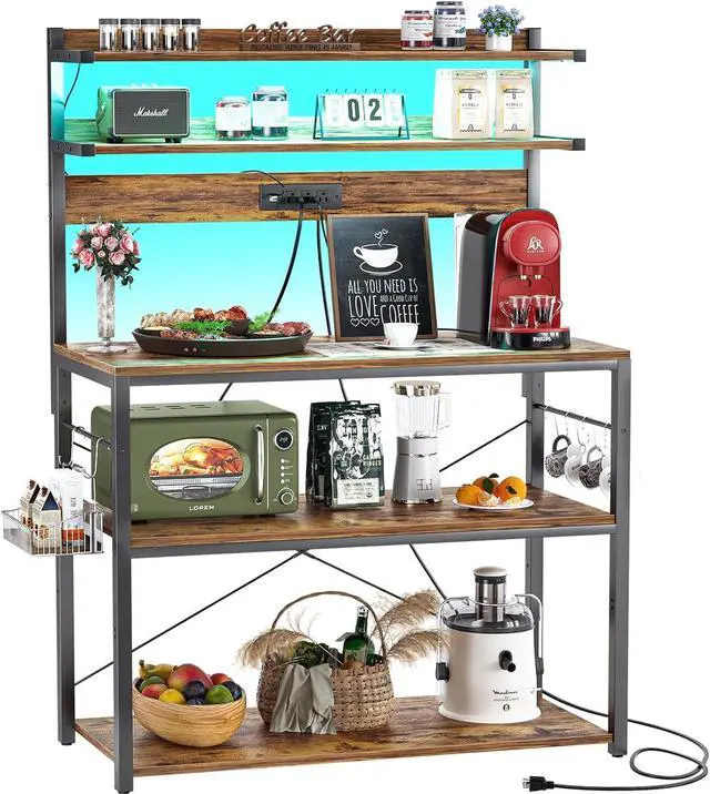Main image of Aheaplus Bakers Rack with Power Outlet, Microwave Stand, 5 Tiers Coffee Bar Station with Led Lights, Kitchen Storage Shelf with 6 S-Shaped Hooks, Kitchen Rack Coffee Bar Stand, Rustic Brown