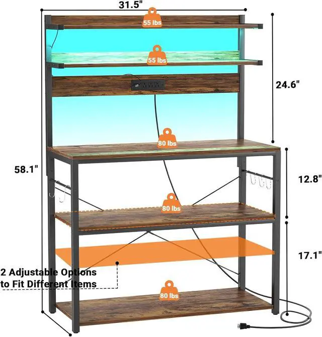 Alt view image 2 of 7 - Aheaplus Bakers Rack with Power Outlet, Microwave Stand, 5 Tiers Coffee Bar Station with Led Lights, Kitchen Storage Shelf with 6 S-Shaped Hooks, Kitchen Rack Coffee Bar Stand, Rustic Brown