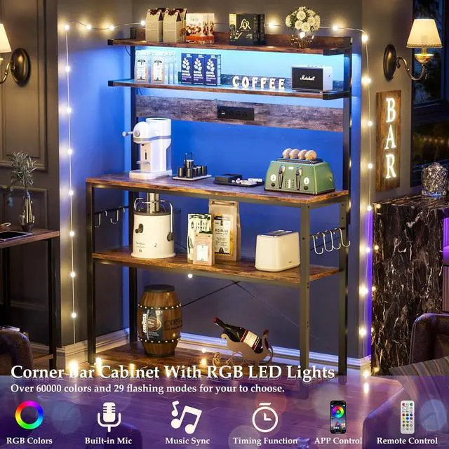 Alt view image 3 of 7 - Aheaplus Bakers Rack with Power Outlet, Microwave Stand, 5 Tiers Coffee Bar Station with Led Lights, Kitchen Storage Shelf with 6 S-Shaped Hooks, Kitchen Rack Coffee Bar Stand, Rustic Brown