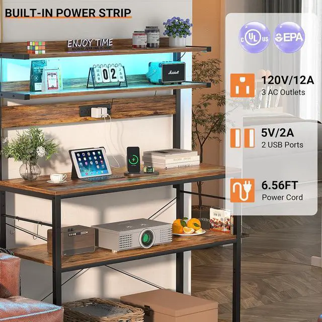 Alt view image 4 of 7 - Aheaplus Bakers Rack with Power Outlet, Microwave Stand, 5 Tiers Coffee Bar Station with Led Lights, Kitchen Storage Shelf with 6 S-Shaped Hooks, Kitchen Rack Coffee Bar Stand, Rustic Brown