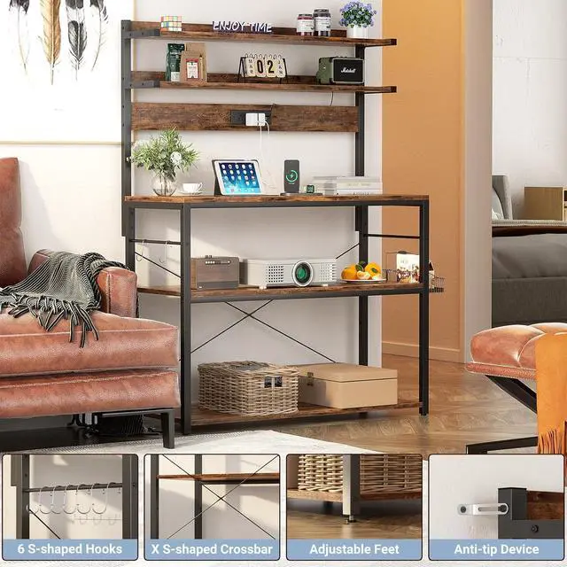 Alt view image 5 of 7 - Aheaplus Bakers Rack with Power Outlet, Microwave Stand, 5 Tiers Coffee Bar Station with Led Lights, Kitchen Storage Shelf with 6 S-Shaped Hooks, Kitchen Rack Coffee Bar Stand, Rustic Brown