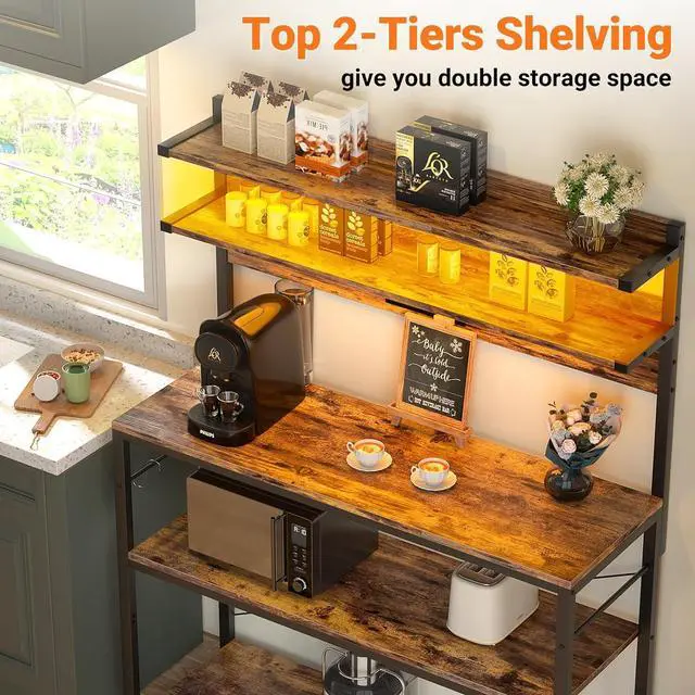 Alt view image 7 of 7 - Aheaplus Bakers Rack with Power Outlet, Microwave Stand, 5 Tiers Coffee Bar Station with Led Lights, Kitchen Storage Shelf with 6 S-Shaped Hooks, Kitchen Rack Coffee Bar Stand, Rustic Brown