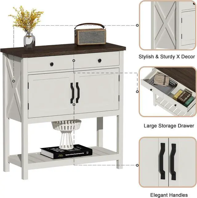 Alt view image 7 of 7 - ChooChoo Farmhouse Console Table, Entryway Table with Storage Shelf, Coffee Bar Cabinet, Narrow Buffet Sideboard for Kitchen, Hallway, Living Room, White