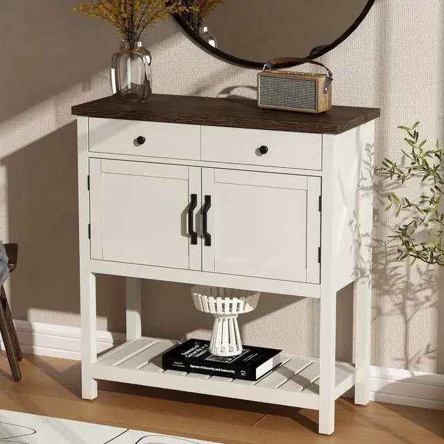 Alt view image 3 of 7 - ChooChoo Farmhouse Console Table, Entryway Table with Storage Shelf, Coffee Bar Cabinet, Narrow Buffet Sideboard for Kitchen, Hallway, Living Room, White