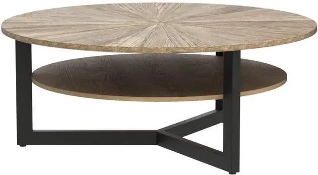 Alt view image 4 of 7 - LEEMTORIG Round Coffee Tables for Living Room, 2 Tier Solid Wood Coffee Table with Storage, Circle Coffee Table with Black Metal Legs, 33.5 x 17.8 inches, Easy Assembly, Yellowish Brown, KFZ-1338