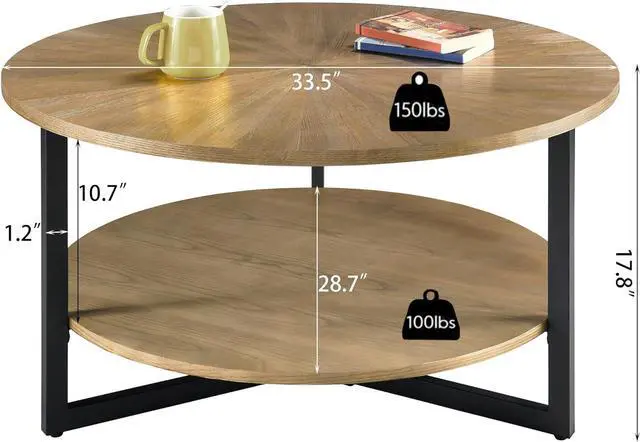 Alt view image 2 of 7 - LEEMTORIG Round Coffee Tables for Living Room, 2 Tier Solid Wood Coffee Table with Storage, Circle Coffee Table with Black Metal Legs, 33.5 x 17.8 inches, Easy Assembly, Yellowish Brown, KFZ-1338