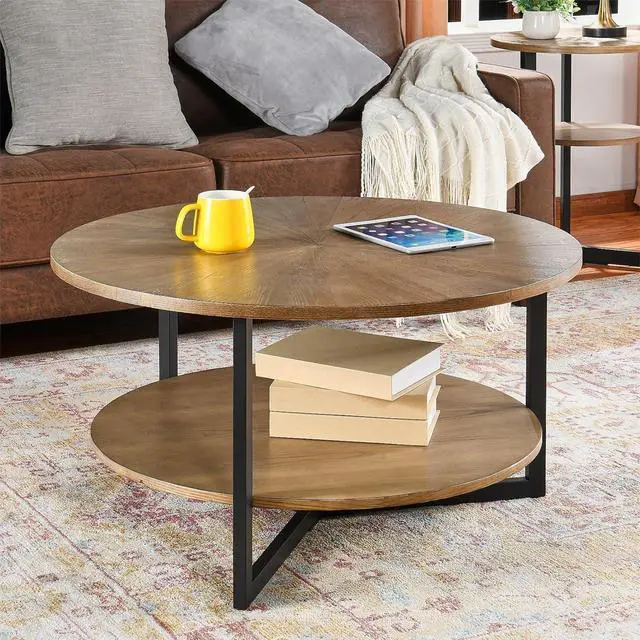 Main image of LEEMTORIG Round Coffee Tables for Living Room, 2 Tier Solid Wood Coffee Table with Storage, Circle Coffee Table with Black Metal Legs, 33.5 x 17.8 inches, Easy Assembly, Yellowish Brown, KFZ-1338