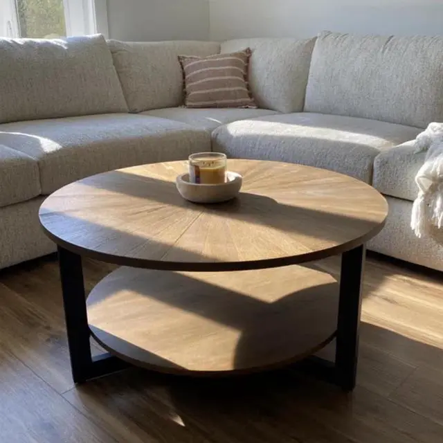 Alt view image 6 of 7 - LEEMTORIG Round Coffee Tables for Living Room, 2 Tier Solid Wood Coffee Table with Storage, Circle Coffee Table with Black Metal Legs, 33.5 x 17.8 inches, Easy Assembly, Yellowish Brown, KFZ-1338