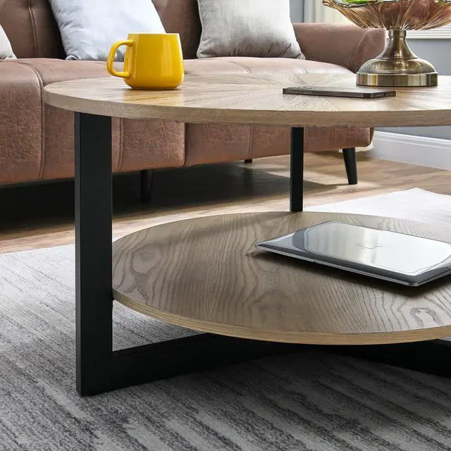 Alt view image 7 of 7 - LEEMTORIG Round Coffee Tables for Living Room, 2 Tier Solid Wood Coffee Table with Storage, Circle Coffee Table with Black Metal Legs, 33.5 x 17.8 inches, Easy Assembly, Yellowish Brown, KFZ-1338