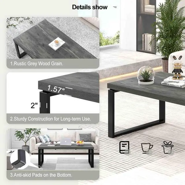 Alt view image 5 of 7 - EXCEFUR Modern Coffee Table, Rustic Wood and Metal Center Table for Living Room, Industrial Rectangle Cocktail Tea Table for Home Office, Vintage Grey, 47 Inch