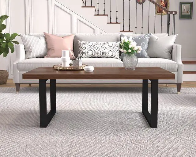 Alt view image 7 of 7 - IBF Walnut Coffee Table, Minimalist Wooden Living Room Table, Modern Simple Rectangle Center Table, Vintage Rustic Wood and Metal Cocktail Tea Coffee Table for Home Bedroom Office, Walnut, 39 Inch