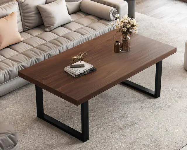 Alt view image 6 of 7 - IBF Walnut Coffee Table, Minimalist Wooden Living Room Table, Modern Simple Rectangle Center Table, Vintage Rustic Wood and Metal Cocktail Tea Coffee Table for Home Bedroom Office, Walnut, 39 Inch