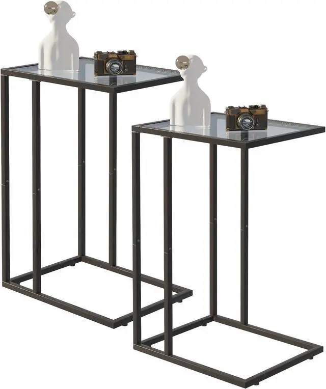 Main image of Easy Paws C Shaped End Table Set of 2, Tempered Glass Snack Side Table with Metal Frame, Sofa Couch Side Table, Modern Style, Black