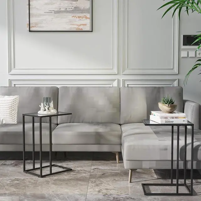 Alt view image 2 of 7 - Easy Paws C Shaped End Table Set of 2, Tempered Glass Snack Side Table with Metal Frame, Sofa Couch Side Table, Modern Style, Black
