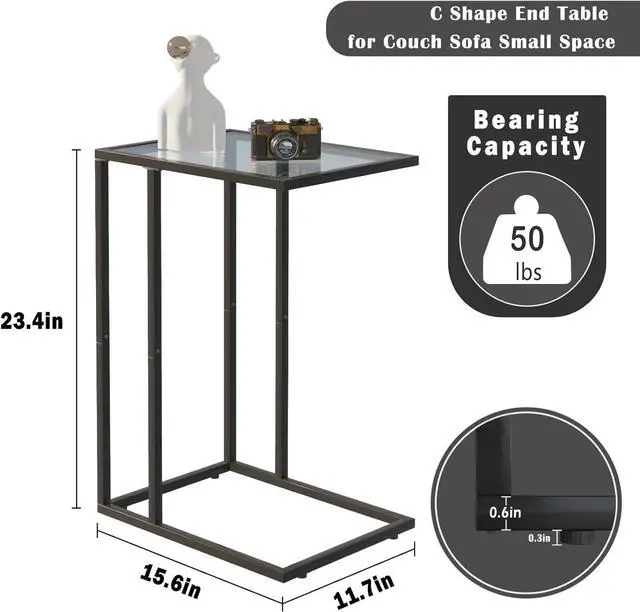 Alt view image 3 of 7 - Easy Paws C Shaped End Table Set of 2, Tempered Glass Snack Side Table with Metal Frame, Sofa Couch Side Table, Modern Style, Black