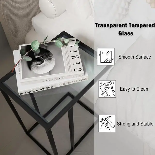 Alt view image 4 of 7 - Easy Paws C Shaped End Table Set of 2, Tempered Glass Snack Side Table with Metal Frame, Sofa Couch Side Table, Modern Style, Black