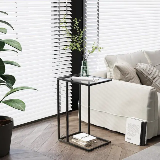 Alt view image 6 of 7 - Easy Paws C Shaped End Table Set of 2, Tempered Glass Snack Side Table with Metal Frame, Sofa Couch Side Table, Modern Style, Black