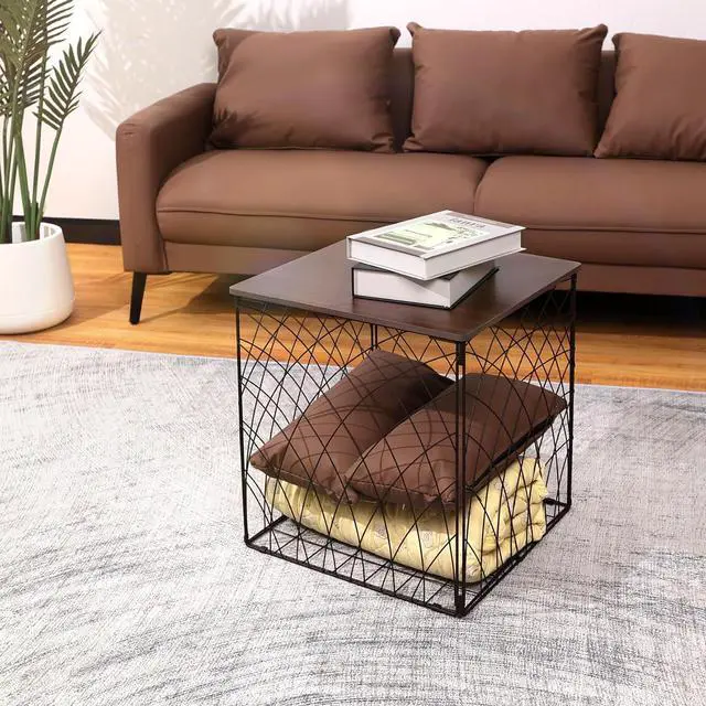 Alt view image 6 of 7 - Small Coffee Table Storage, Square End Tables Blanket Basket with Lid for Living Room Folding Storage Side Table 1 Pack