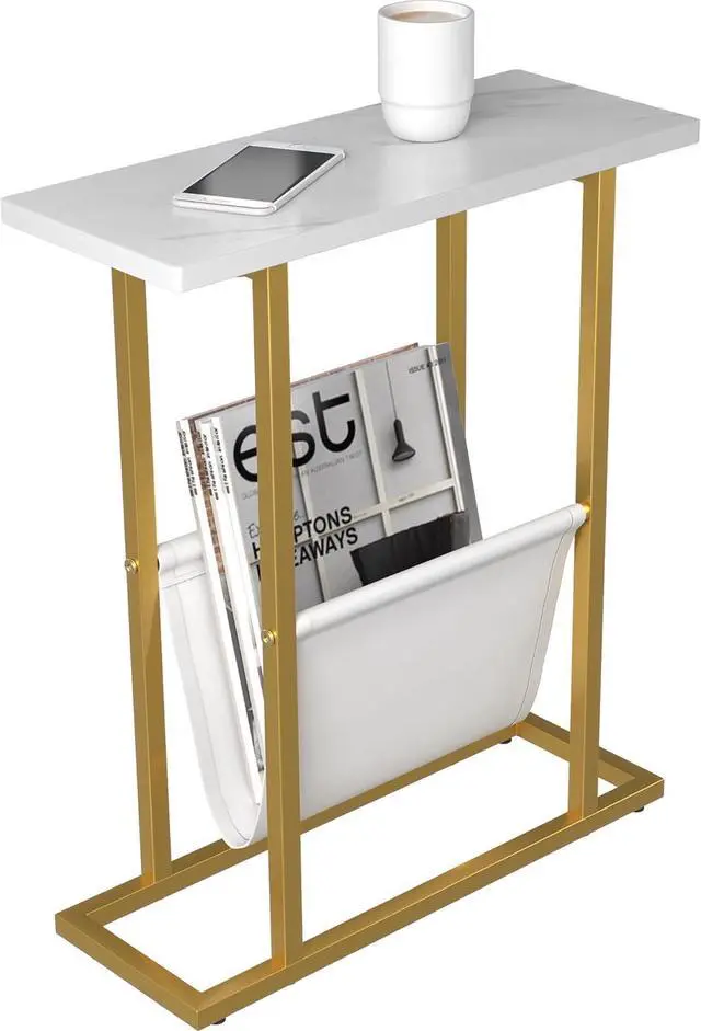 Main image of Yusong Small Narrow Side Table for Small Spaces, 17.7" W Slim End Table Magazine Table Nighstand with Storage Holder, Accent Skinny Snack Couch Bedside Table, Gold White, Complete Iron Pipes