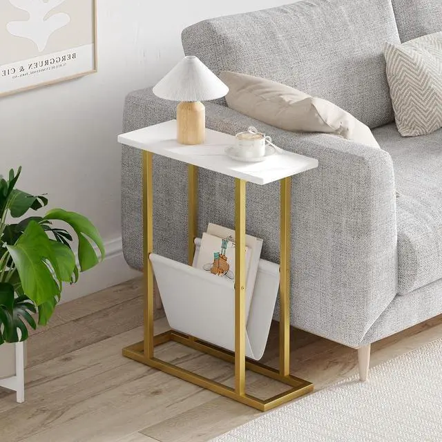 Alt view image 2 of 7 - Yusong Small Narrow Side Table for Small Spaces, 17.7" W Slim End Table Magazine Table Nighstand with Storage Holder, Accent Skinny Snack Couch Bedside Table, Gold White, Complete Iron Pipes