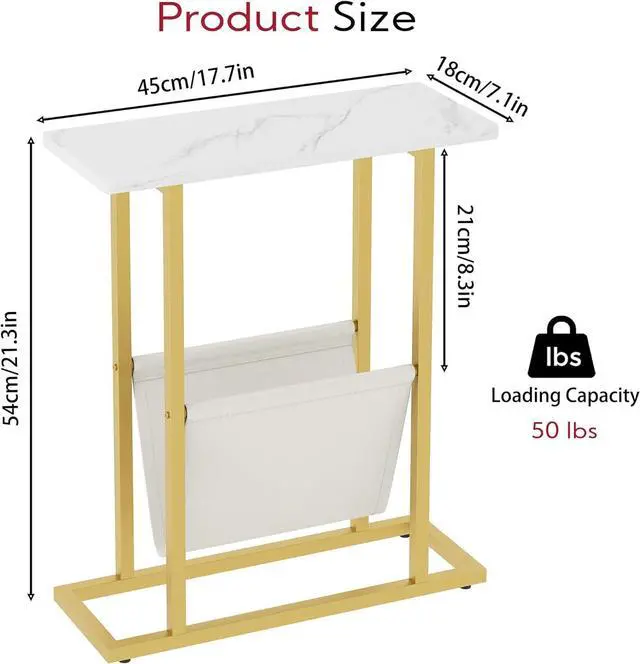 Alt view image 3 of 7 - Yusong Small Narrow Side Table for Small Spaces, 17.7" W Slim End Table Magazine Table Nighstand with Storage Holder, Accent Skinny Snack Couch Bedside Table, Gold White, Complete Iron Pipes
