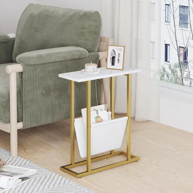 Alt view image 4 of 7 - Yusong Small Narrow Side Table for Small Spaces, 17.7" W Slim End Table Magazine Table Nighstand with Storage Holder, Accent Skinny Snack Couch Bedside Table, Gold White, Complete Iron Pipes