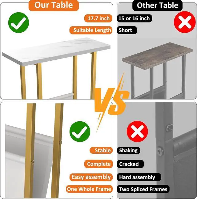 Alt view image 5 of 7 - Yusong Small Narrow Side Table for Small Spaces, 17.7" W Slim End Table Magazine Table Nighstand with Storage Holder, Accent Skinny Snack Couch Bedside Table, Gold White, Complete Iron Pipes