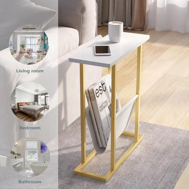 Alt view image 6 of 7 - Yusong Small Narrow Side Table for Small Spaces, 17.7" W Slim End Table Magazine Table Nighstand with Storage Holder, Accent Skinny Snack Couch Bedside Table, Gold White, Complete Iron Pipes