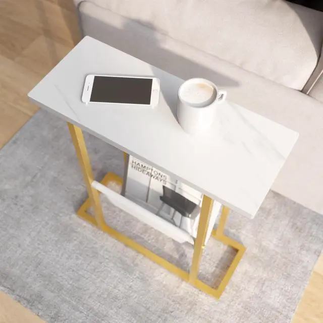Alt view image 7 of 7 - Yusong Small Narrow Side Table for Small Spaces, 17.7" W Slim End Table Magazine Table Nighstand with Storage Holder, Accent Skinny Snack Couch Bedside Table, Gold White, Complete Iron Pipes