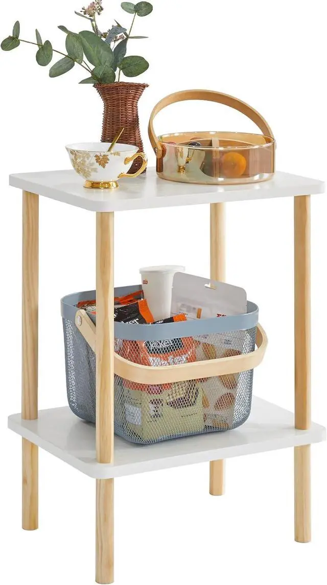 Main image of IBUYKE 2-Tier Side Table, Solid Wood Tall End Table with Storage Shelves, Nightstand Bedside Table for Living Room Bedroom Office, No-Tool Assembly, White UWST002W