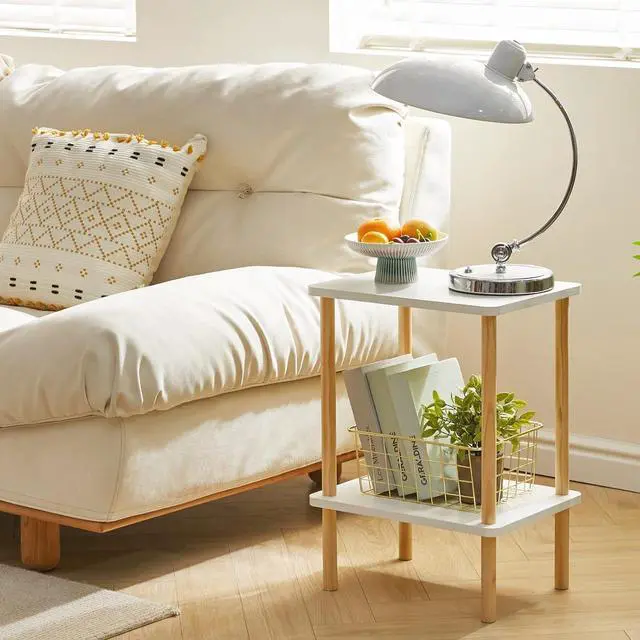 Alt view image 2 of 7 - IBUYKE 2-Tier Side Table, Solid Wood Tall End Table with Storage Shelves, Nightstand Bedside Table for Living Room Bedroom Office, No-Tool Assembly, White UWST002W