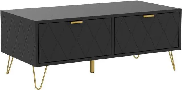 Alt view image 4 of 7 - Anbuy Coffee Table for Living Room with Storage, Rectangle Coffee Table with Dual Storage Drawers & 2 Open Shelf, Wood TV Stand Side End Table for Apartment Black