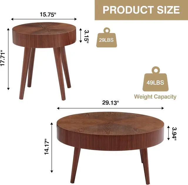 Alt view image 2 of 7 - AVZEAR Nesting Round Coffee Table Set of 2, Mid Century Modern Coffee Table, Natural Wood Nesting Tables Walnut Side Table and Farmhouse End Table Set for Living Room Bedroom, Cafe, Office(Walnut)