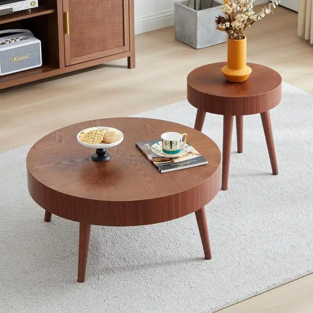 Alt view image 3 of 7 - AVZEAR Nesting Round Coffee Table Set of 2, Mid Century Modern Coffee Table, Natural Wood Nesting Tables Walnut Side Table and Farmhouse End Table Set for Living Room Bedroom, Cafe, Office(Walnut)